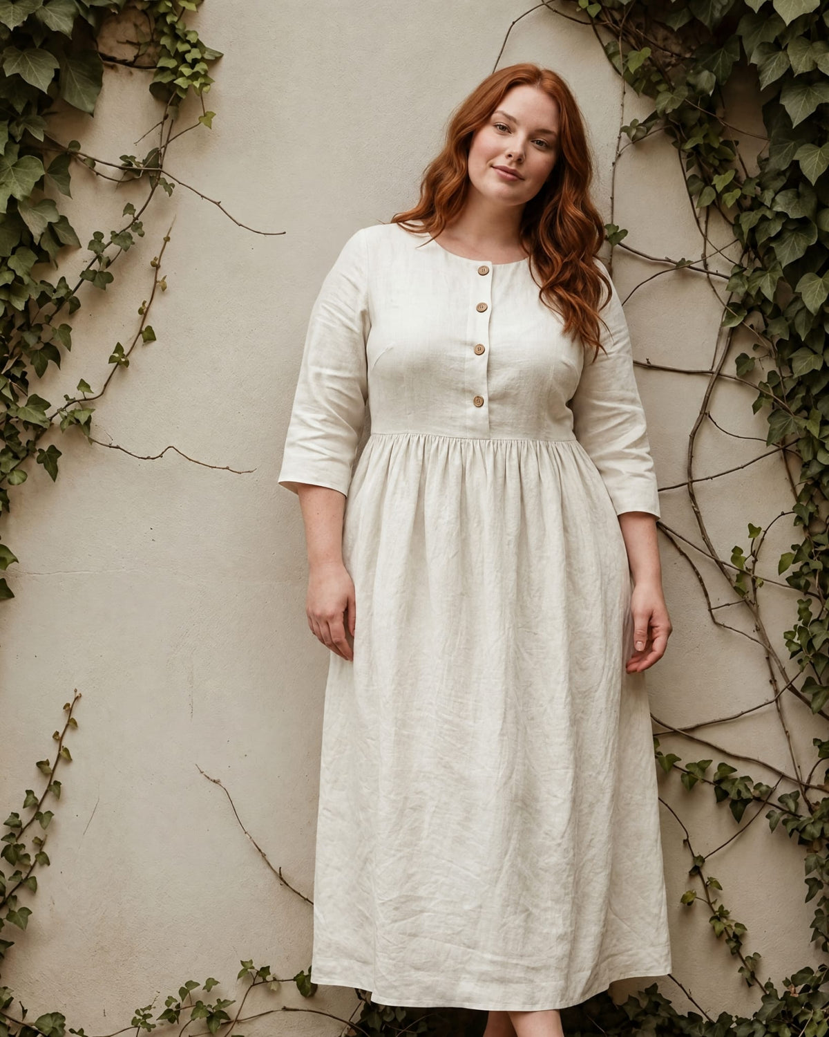 Garden Path Plus Size Buttoned Linen Midi Dress