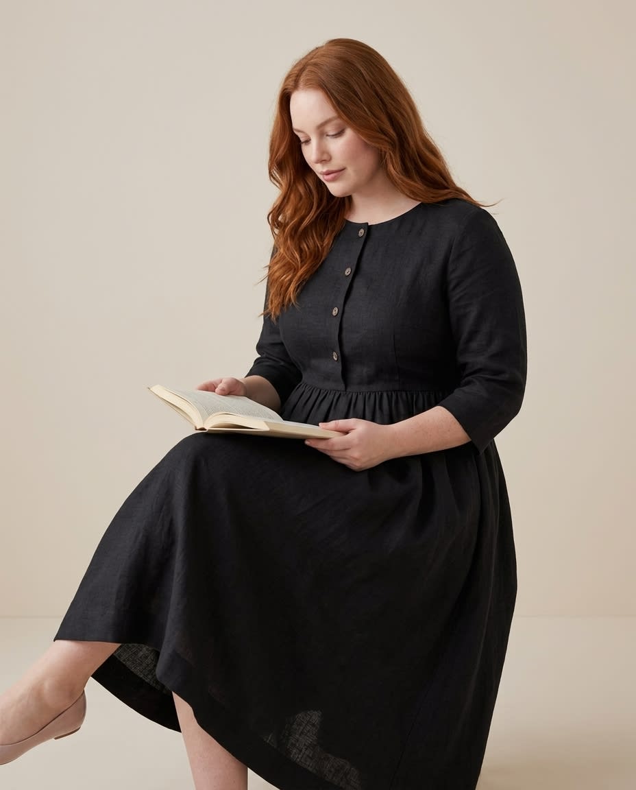 Garden Path Plus Size Buttoned Linen Midi Dress