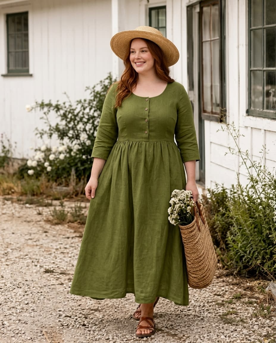 Garden Path Plus Size Buttoned Linen Midi Dress