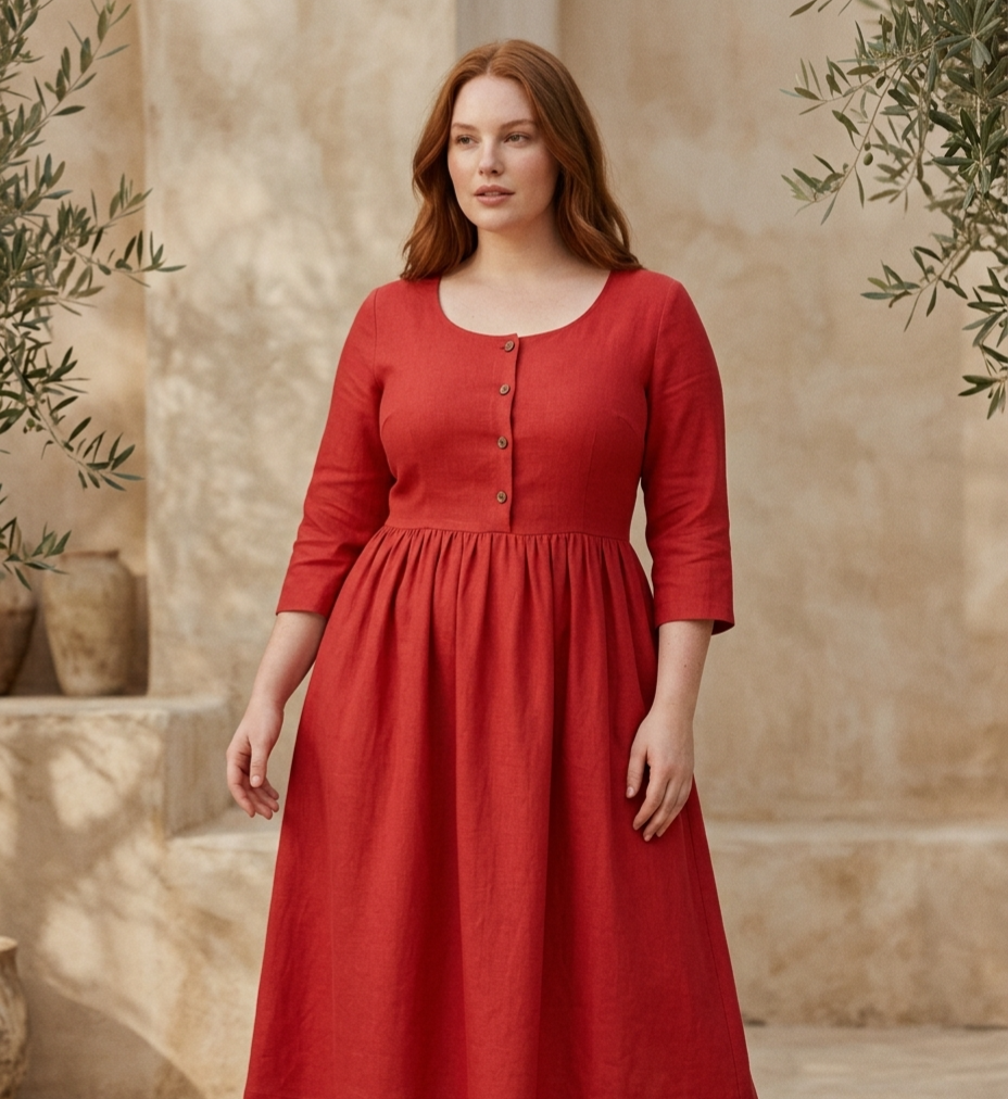 Garden Path Plus Size Buttoned Linen Midi Dress