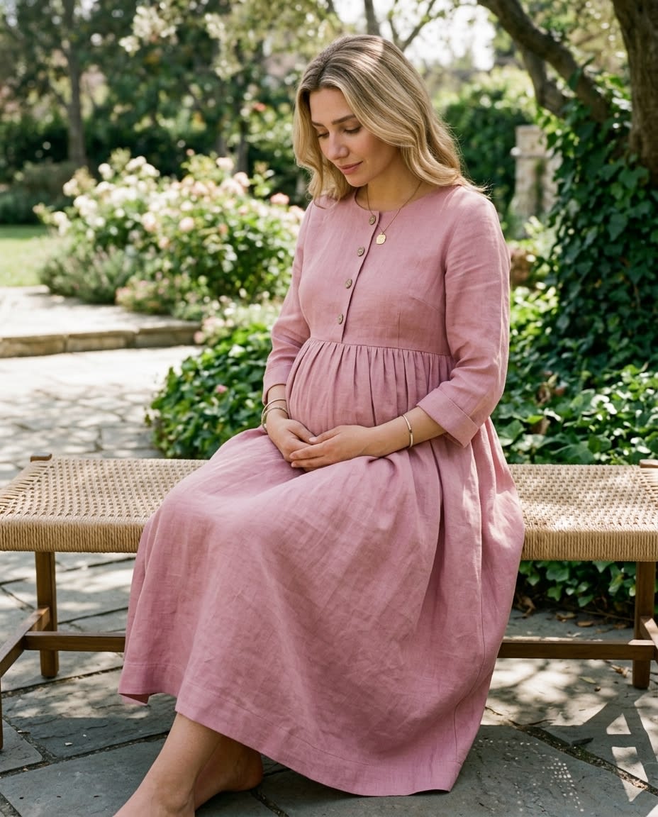 Buttoned Bodice Gathered Linen Midi Dress