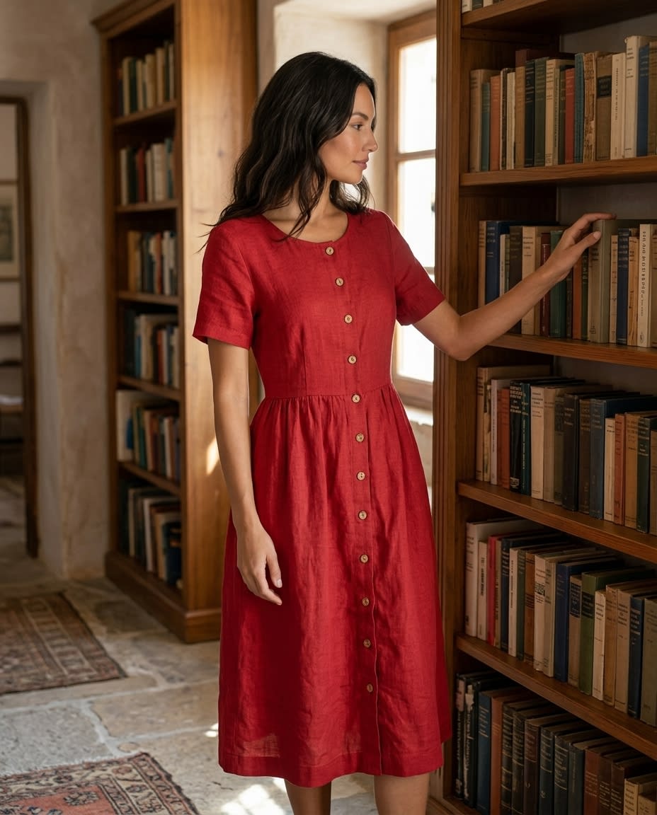 Button-Front Gathered Linen Midi Dress