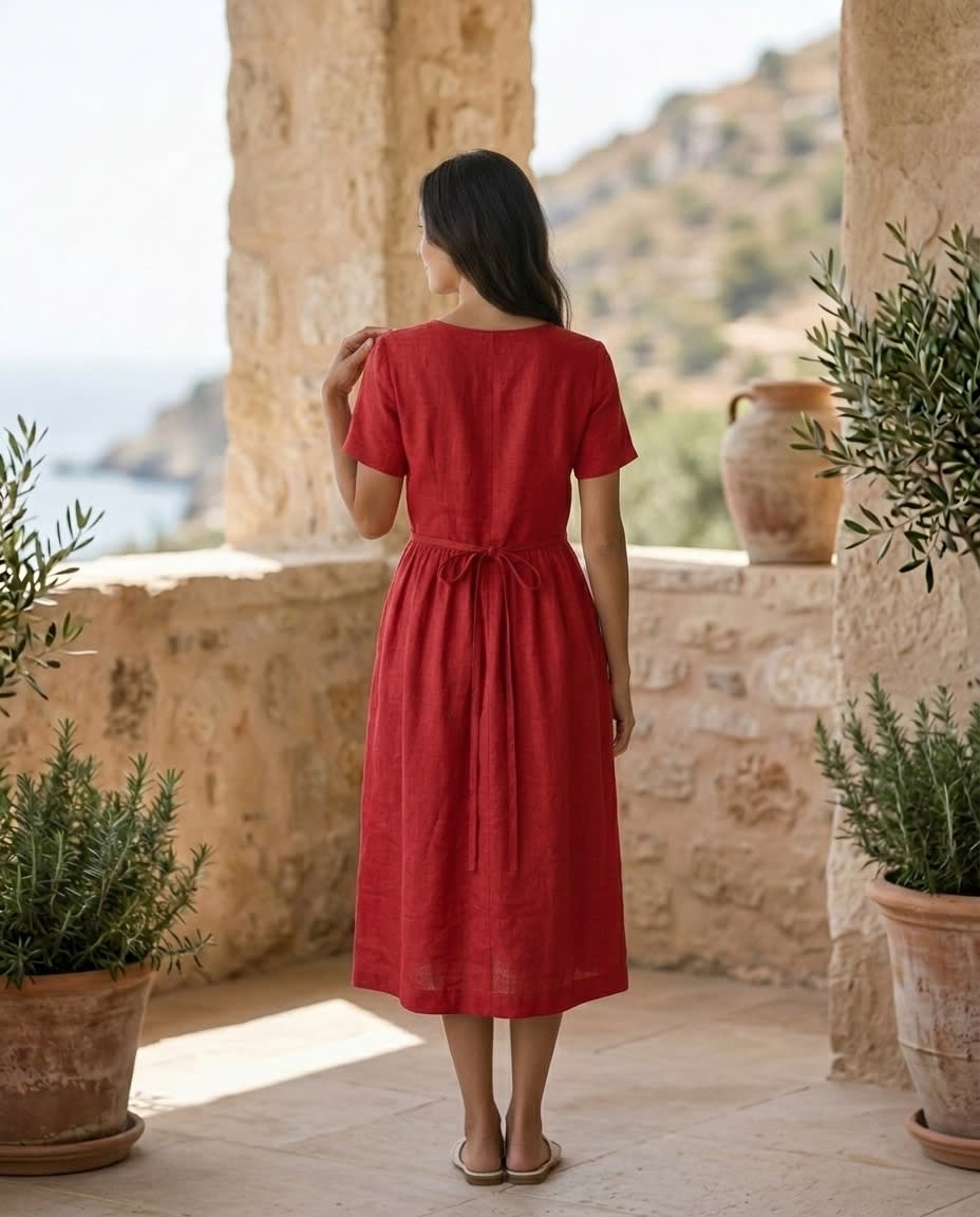 Button-Front Gathered Linen Midi Dress