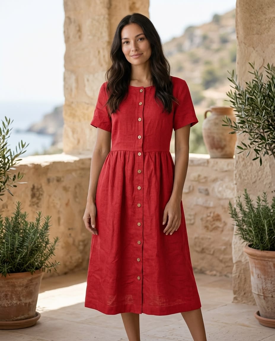 Button-Front Gathered Linen Midi Dress