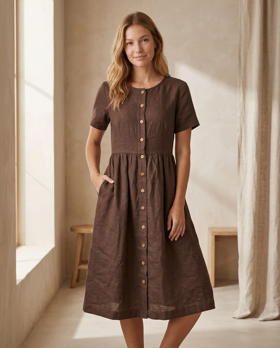 Button-Front Gathered Linen Midi Dress