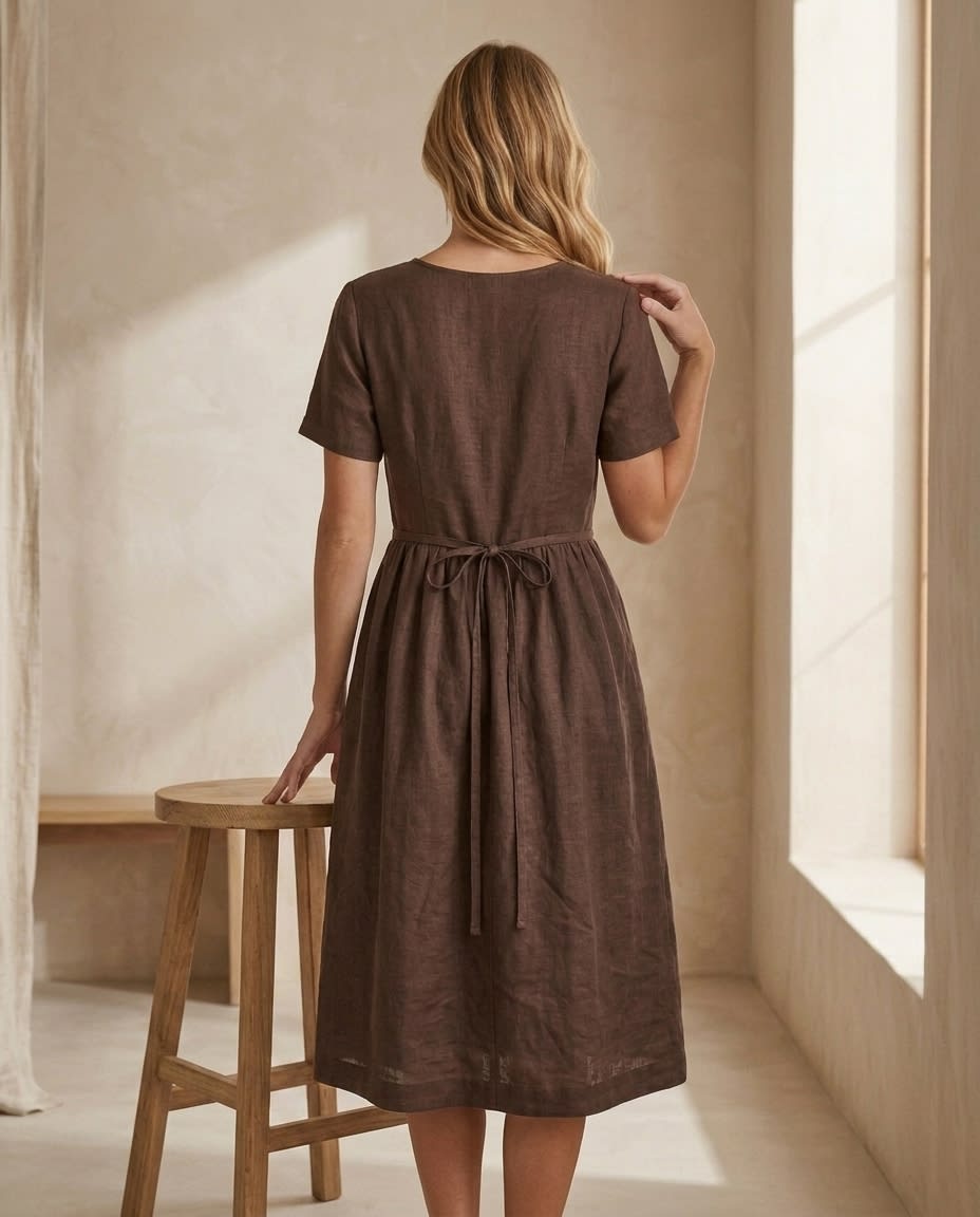 Button-Front Gathered Linen Midi Dress