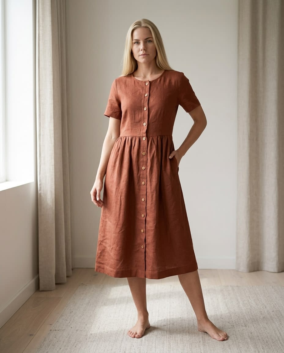 Button-Front Gathered Linen Midi Dress