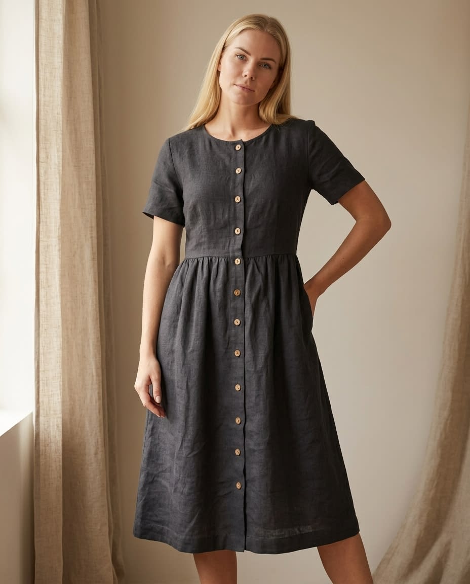 Button-Front Gathered Linen Midi Dress
