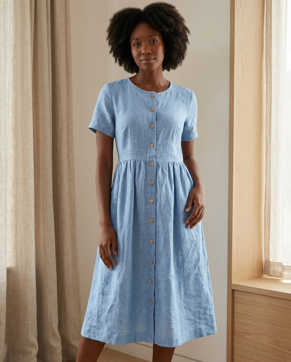 Button-Front Gathered Linen Midi Dress
