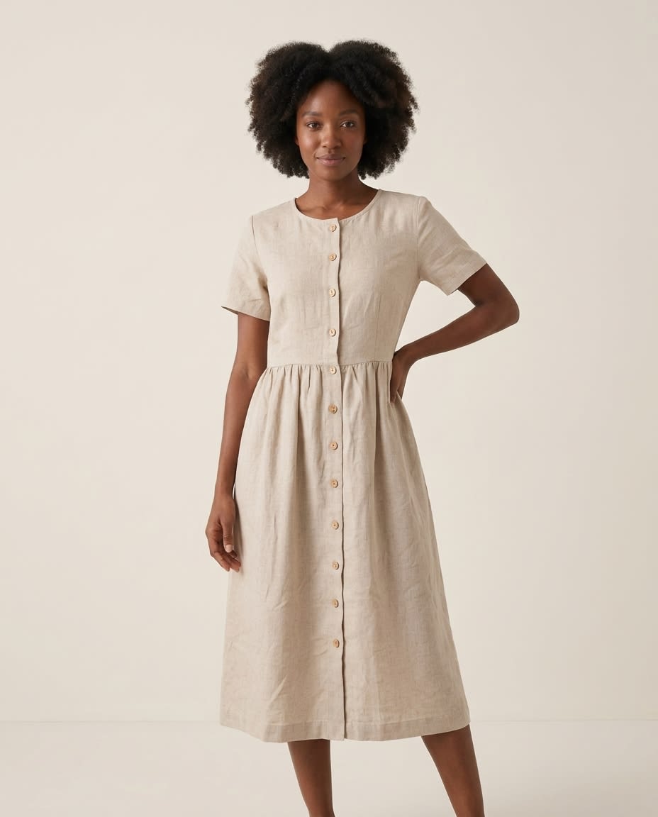 Button-Front Gathered Linen Midi Dress