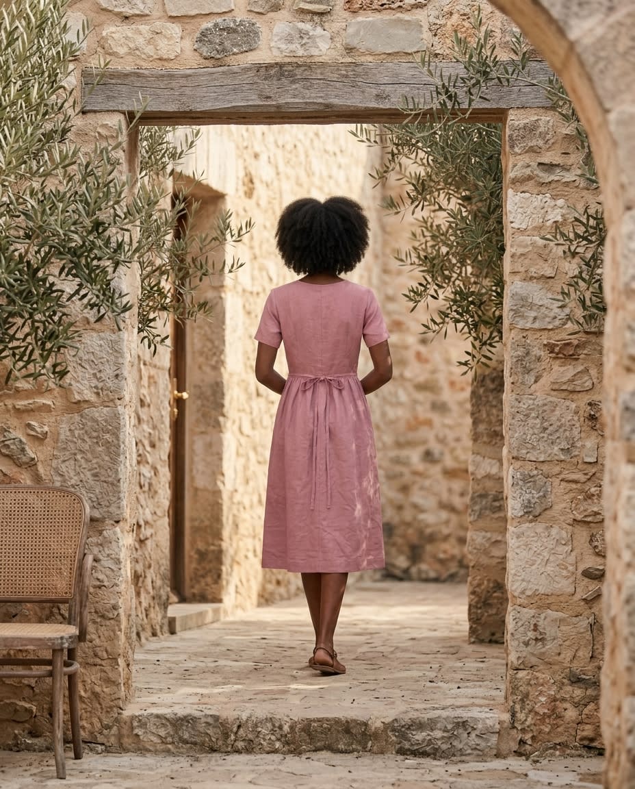 Button-Front Gathered Linen Midi Dress