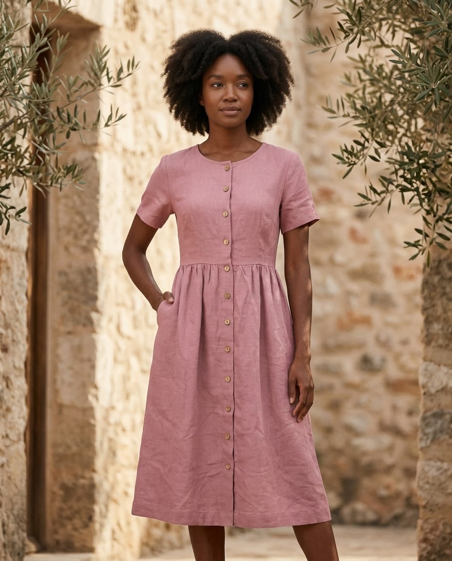Button-Front Gathered Linen Midi Dress