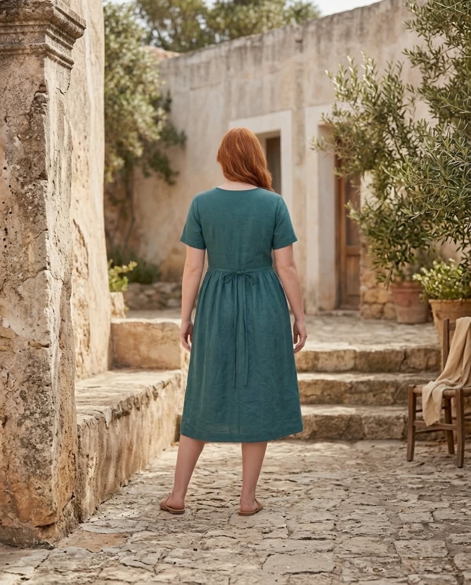 Button-Front Gathered Linen Midi Dress