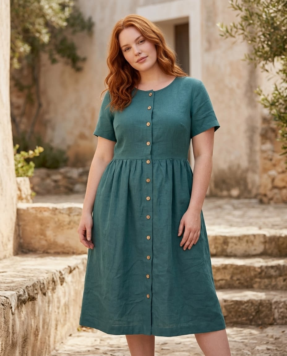 Button-Front Gathered Linen Midi Dress