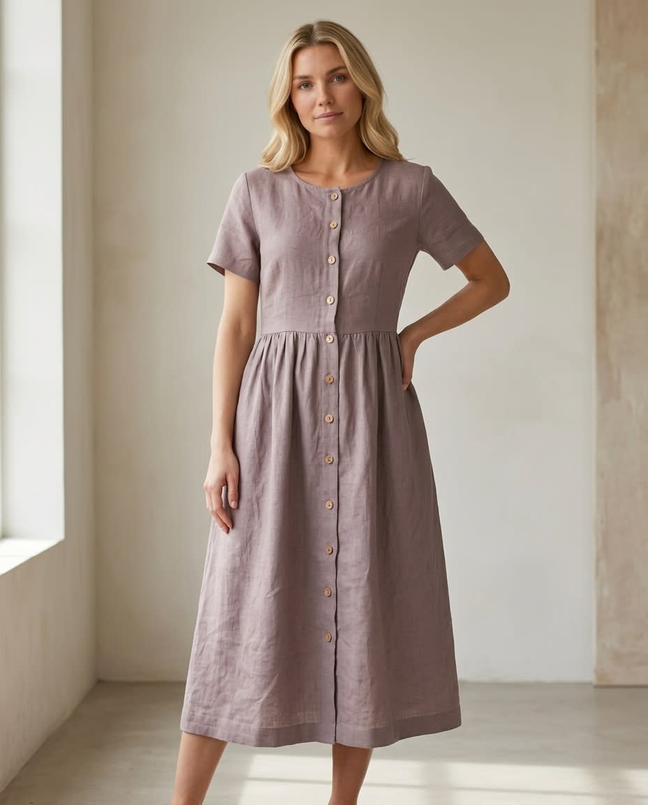Button-Front Gathered Linen Midi Dress