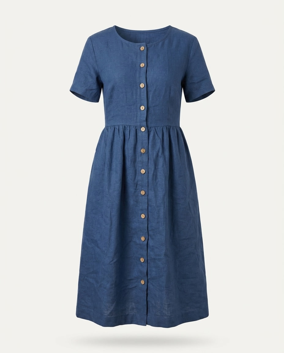 Button-Front Gathered Linen Midi Dress