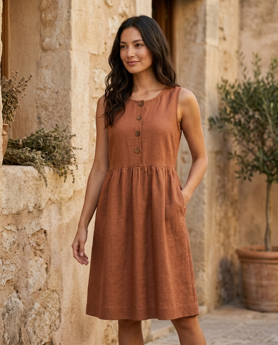 Linen Button-Front Sleeveless Dress – Choose Your Pocket Style