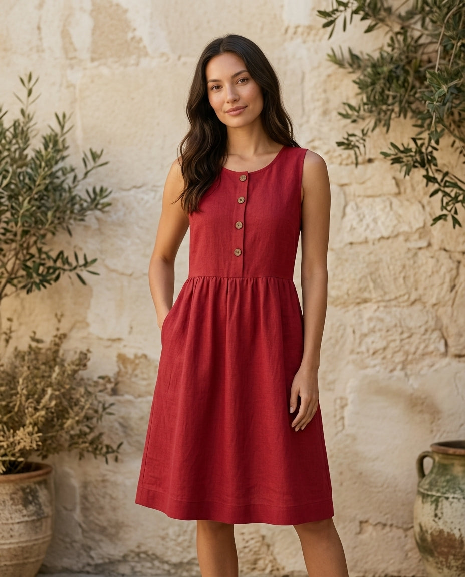 Linen Button-Front Sleeveless Dress – Choose Your Pocket Style