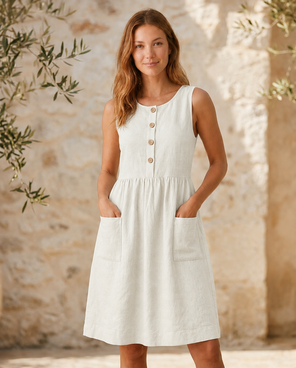Linen Button-Front Sleeveless Dress – Choose Your Pocket Style