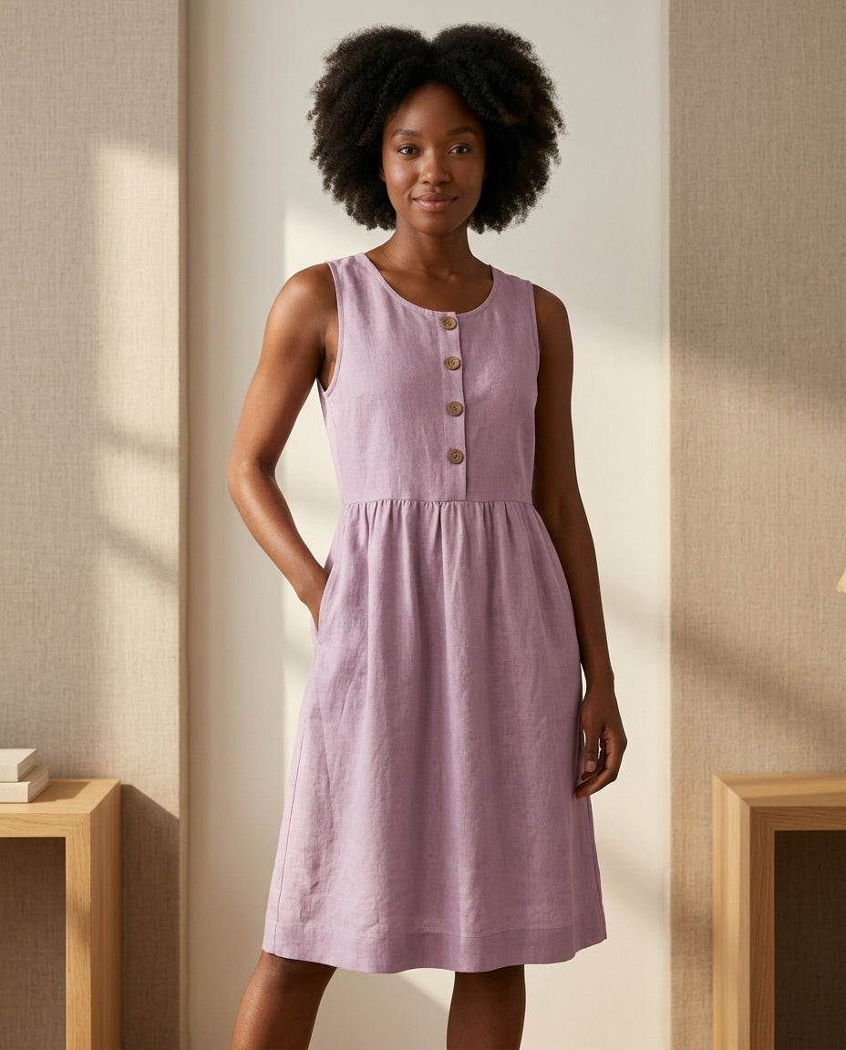 Linen Button-Front Sleeveless Dress – Choose Your Pocket Style