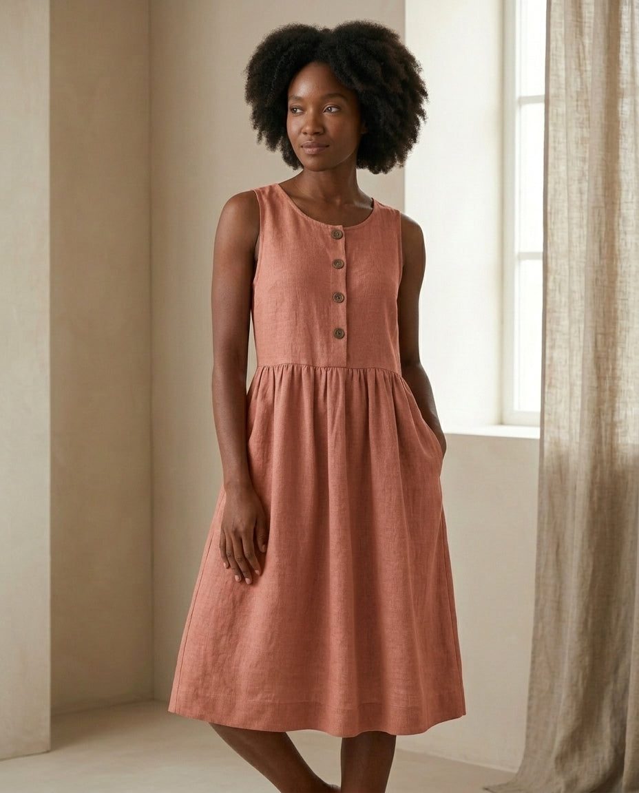 Linen Button-Front Sleeveless Dress – Choose Your Pocket Style