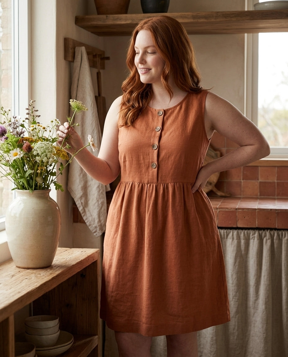 Linen Button-Front Sleeveless Dress – Choose Your Pocket Style