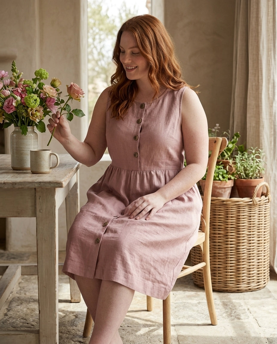 Linen Button-Front Sleeveless Dress – Choose Your Pocket Style