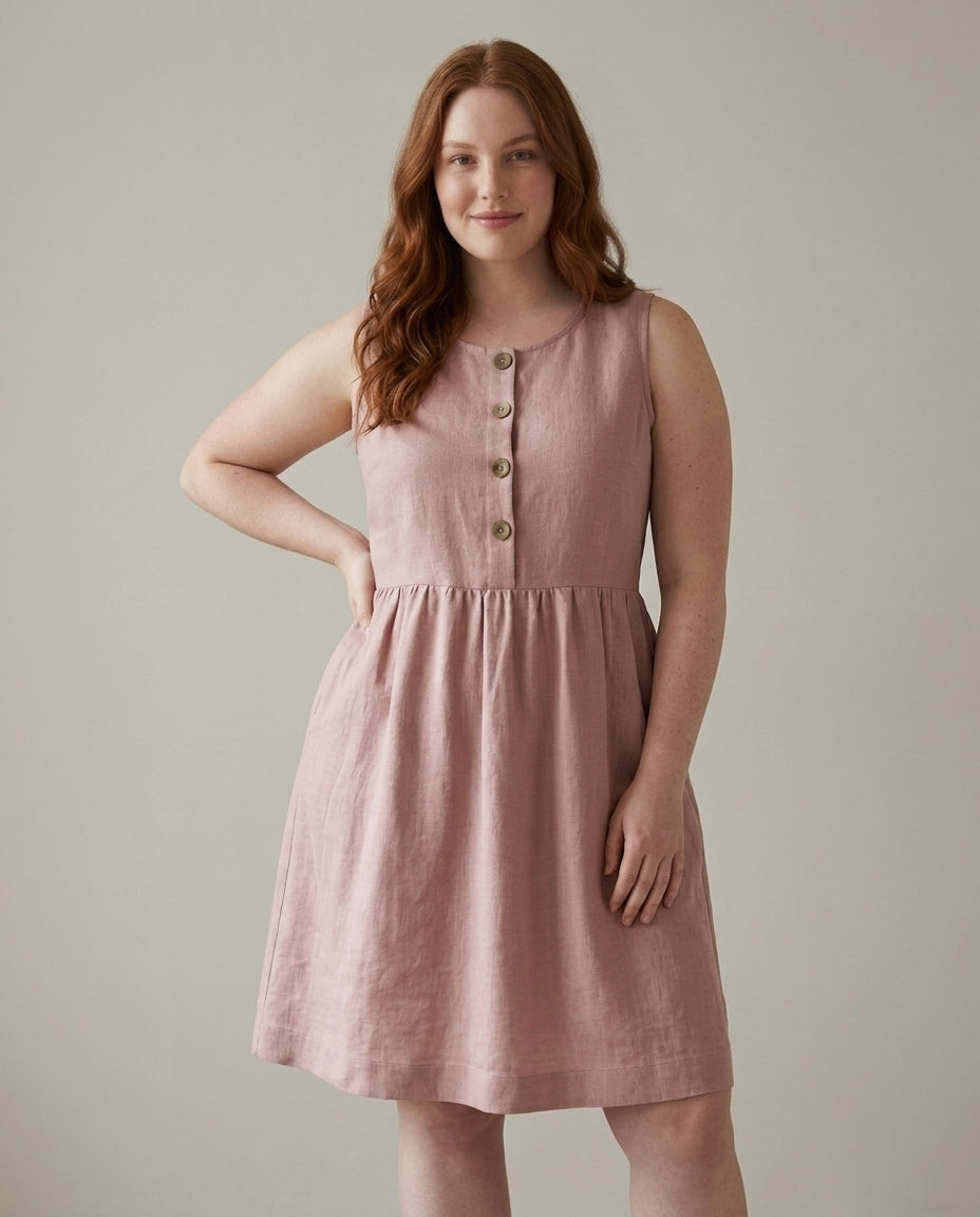 Linen Button-Front Sleeveless Dress – Choose Your Pocket Style