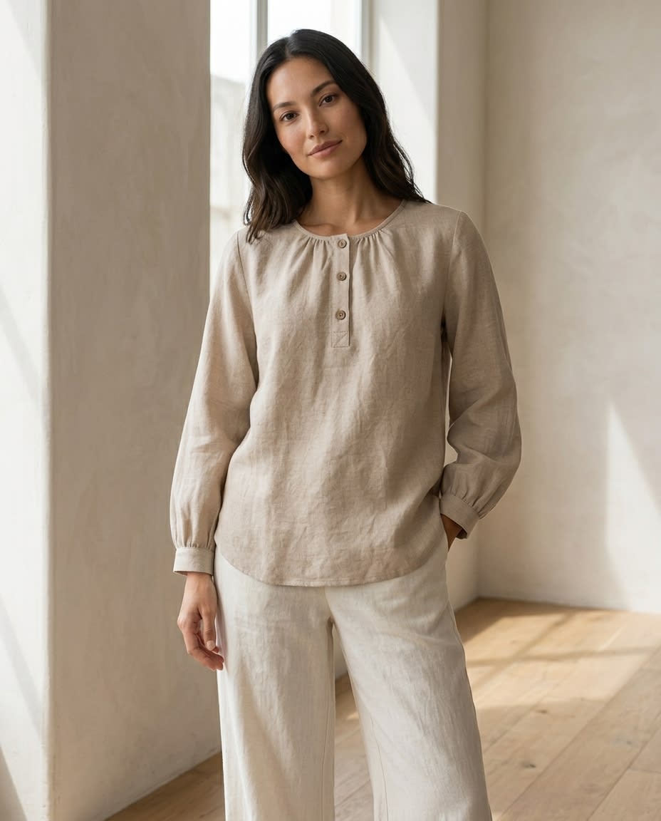 Gathered Henley Linen Blouse