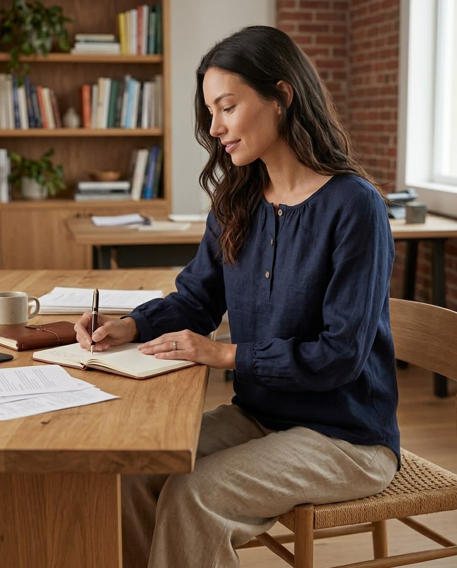 Gathered Henley Linen Blouse