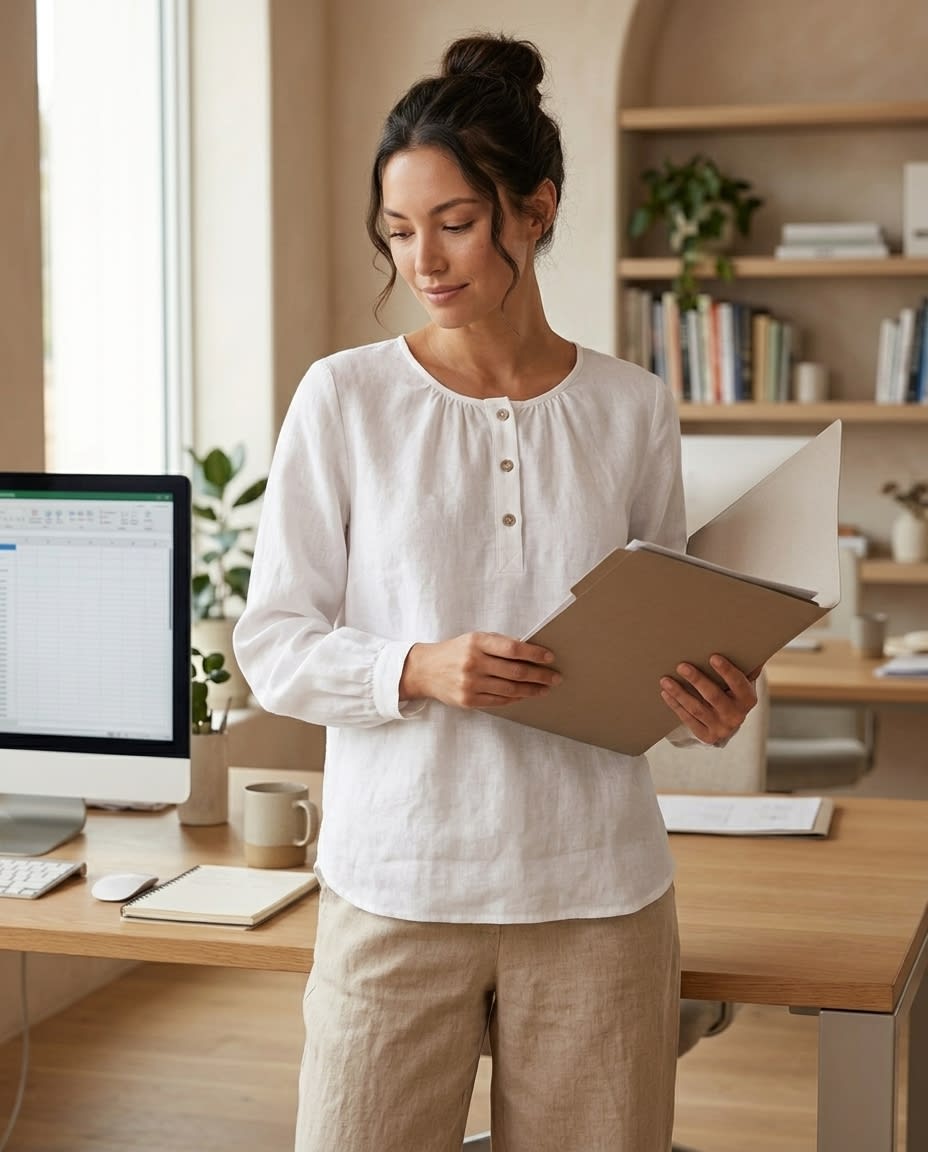 Gathered Henley Linen Blouse