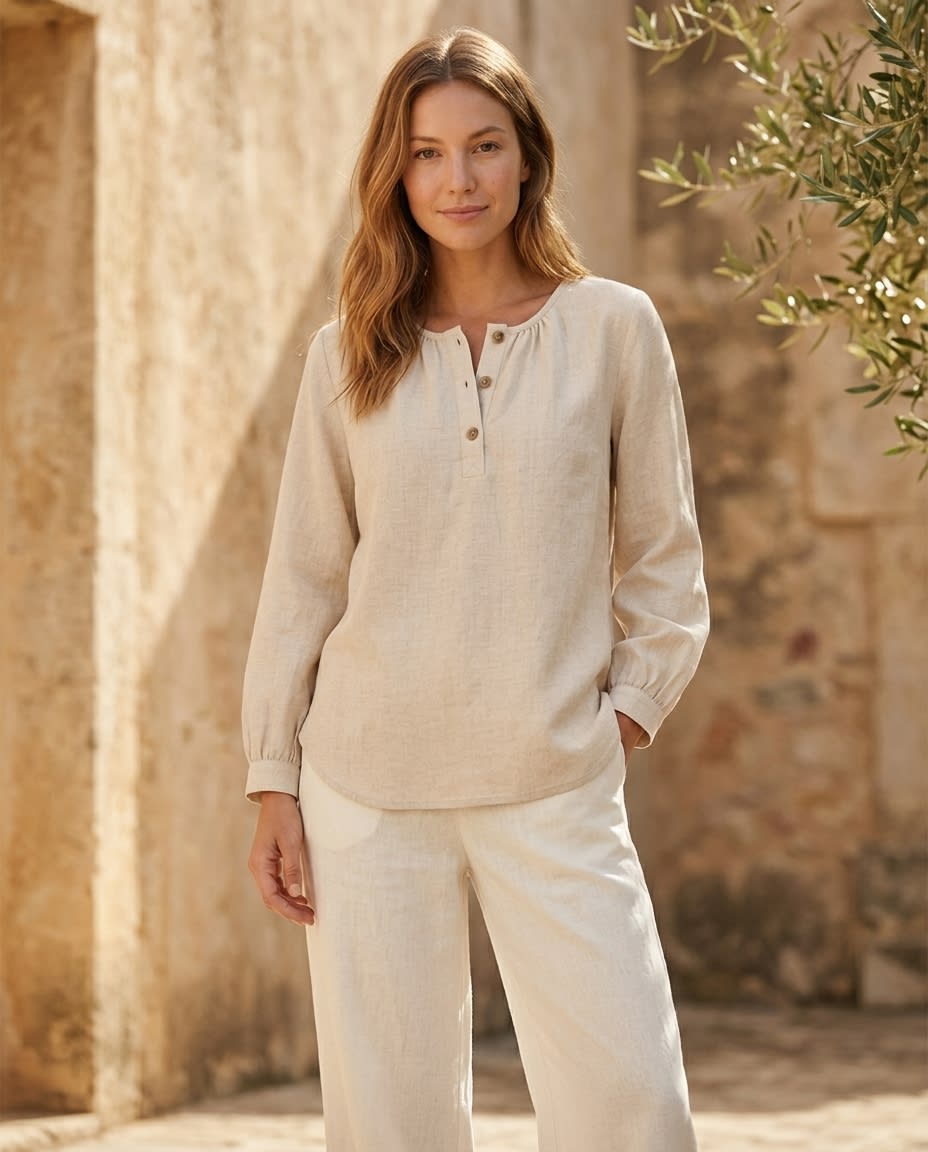Gathered Henley Linen Blouse