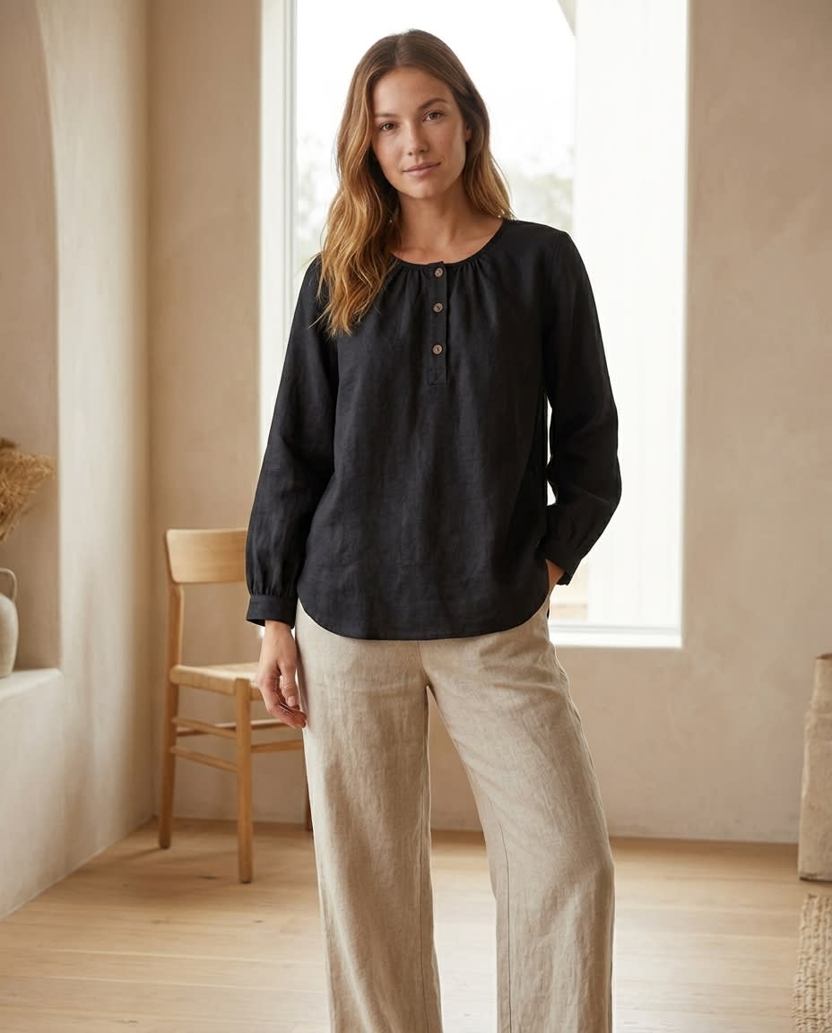 Gathered Henley Linen Blouse