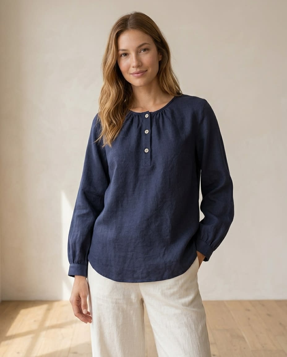 Gathered Henley Linen Blouse