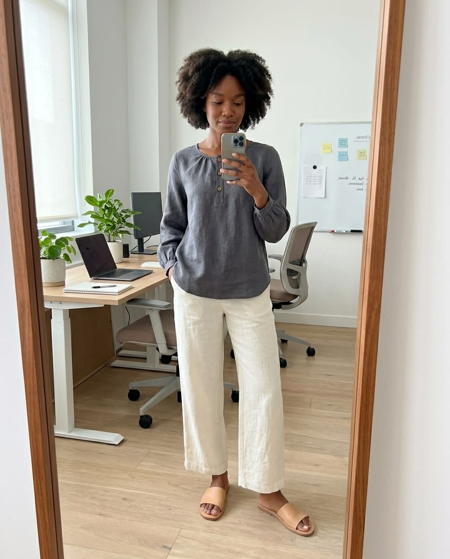 Gathered Henley Linen Blouse