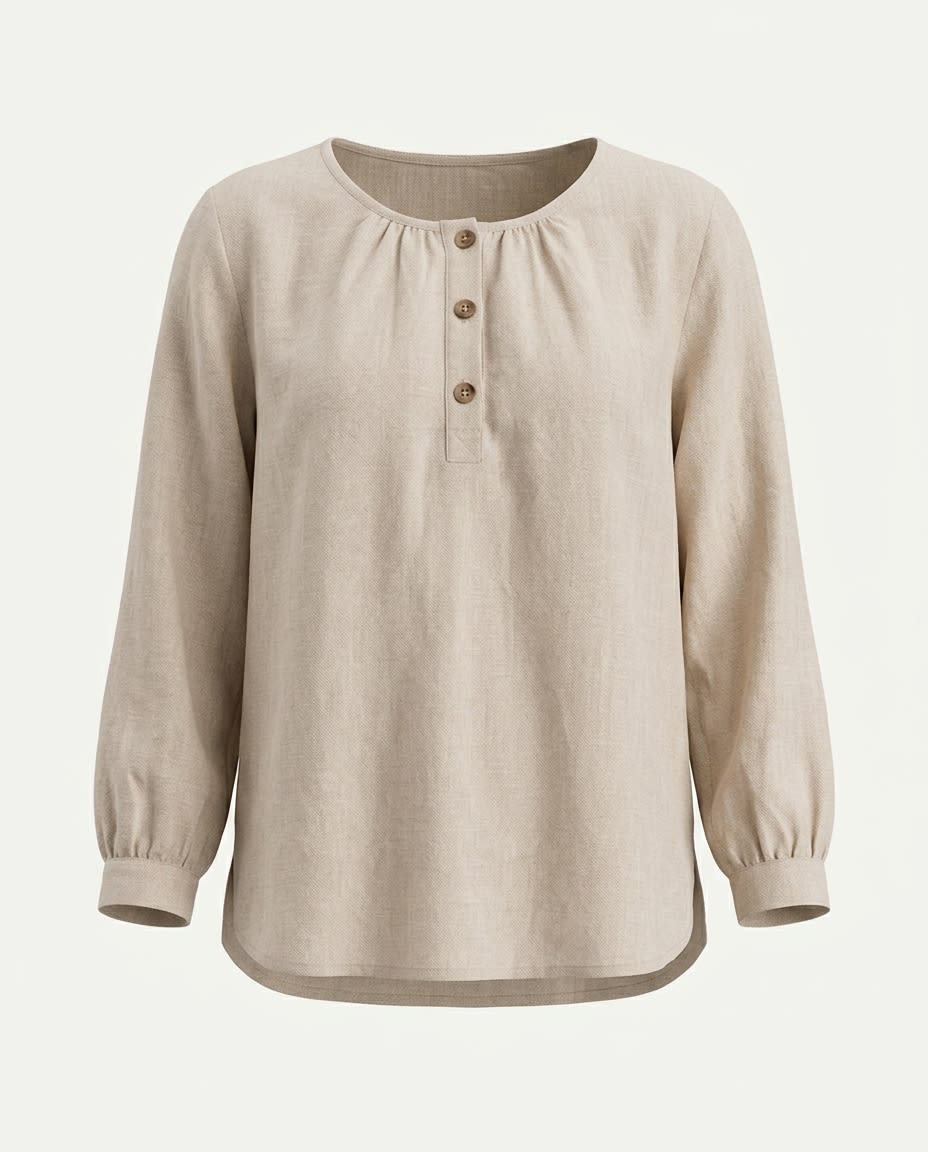 Gathered Henley Linen Blouse