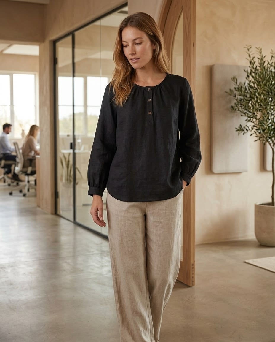 Gathered Henley Linen Blouse