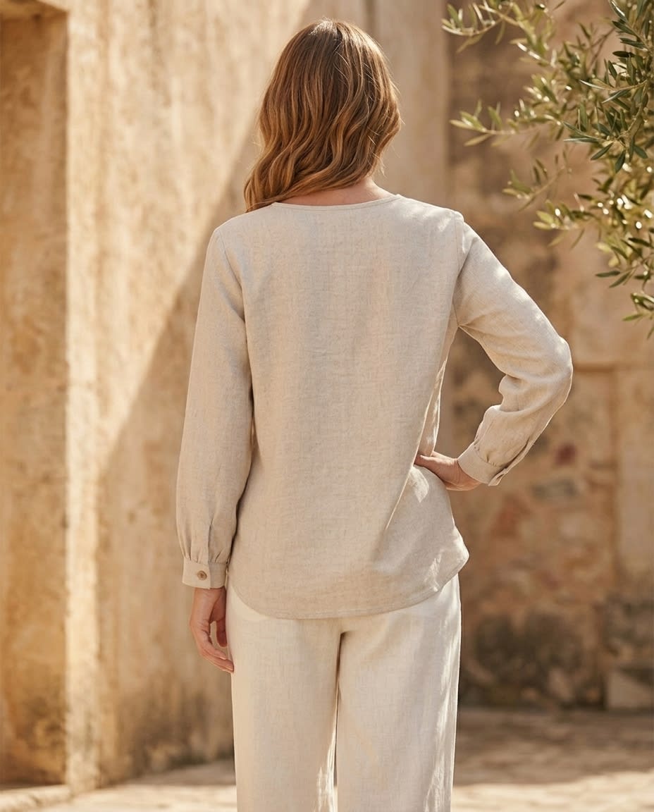 Gathered Henley Linen Blouse