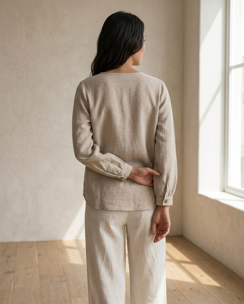 Gathered Henley Linen Blouse