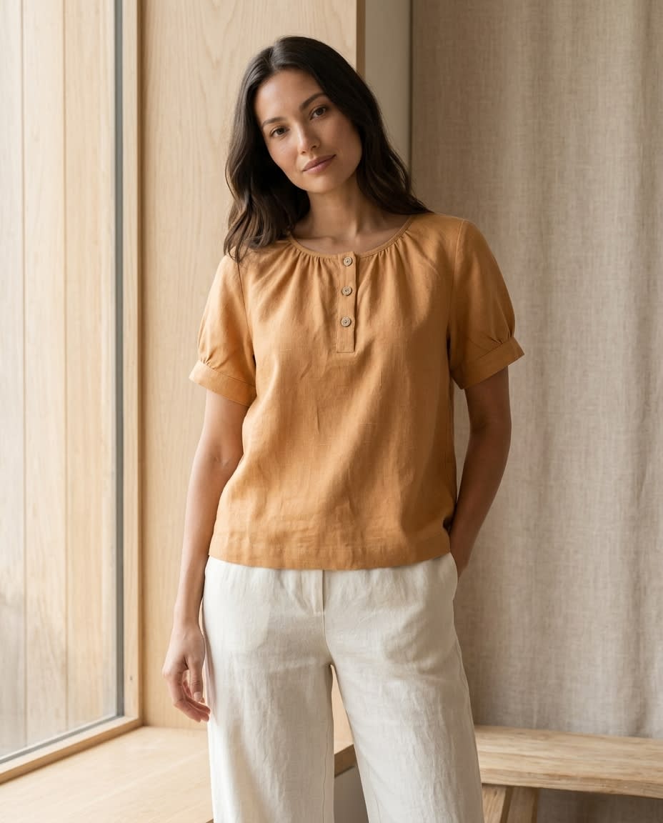 Gathered Henley Linen Blouse