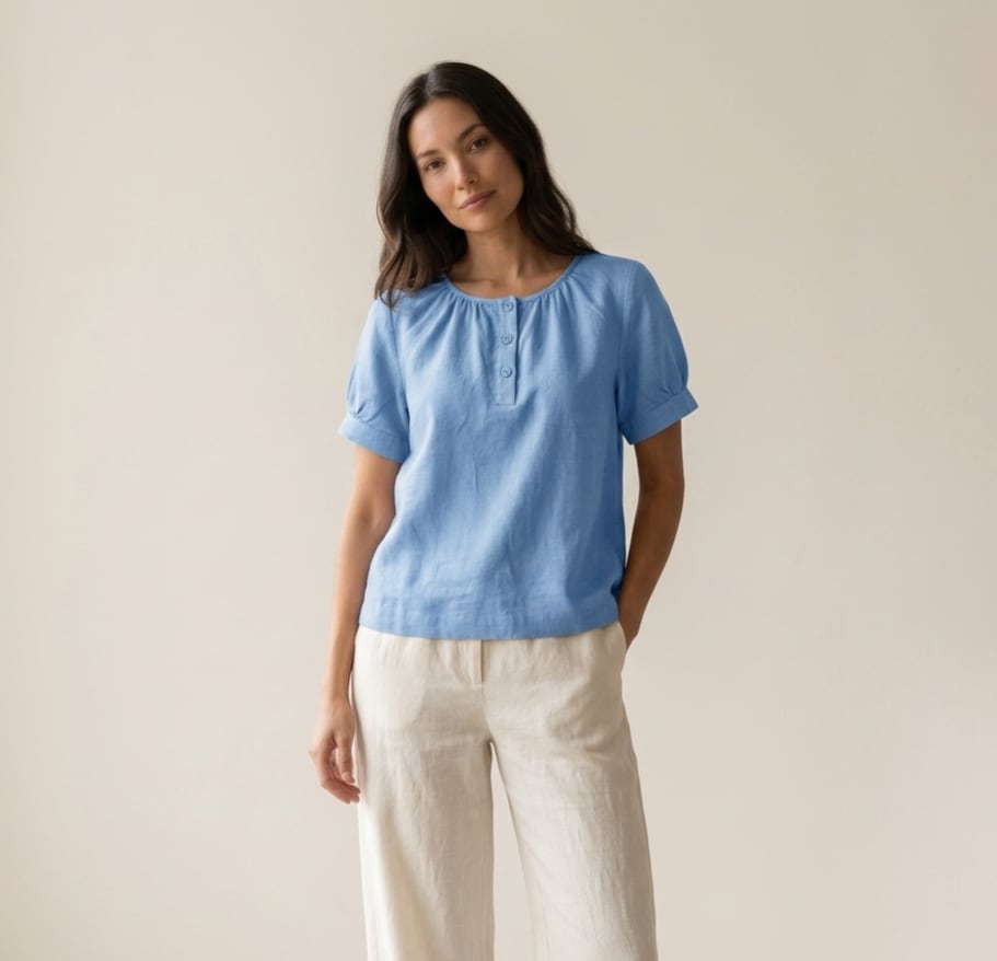Gathered Henley Linen Blouse