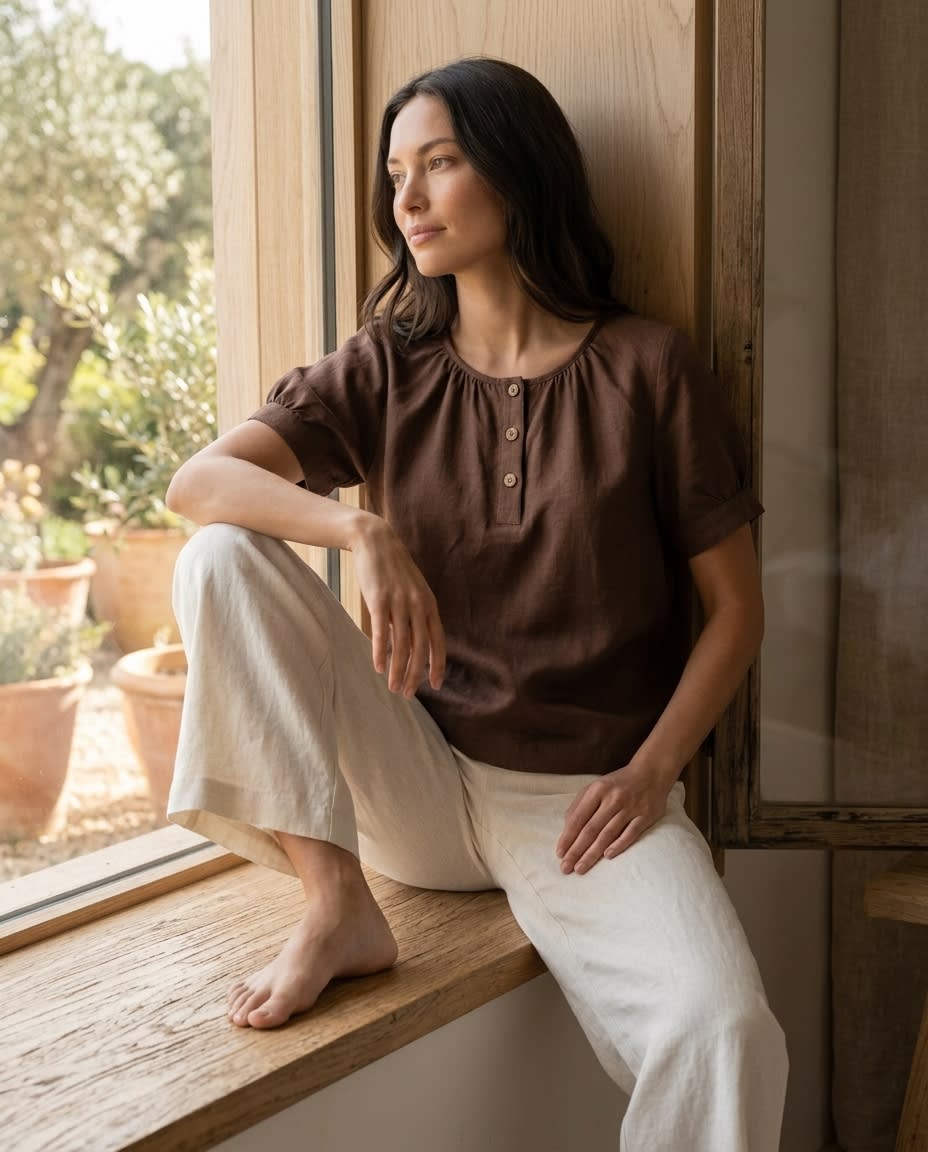 Gathered Henley Linen Blouse
