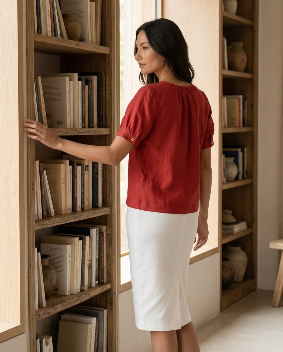 Gathered Henley Linen Blouse