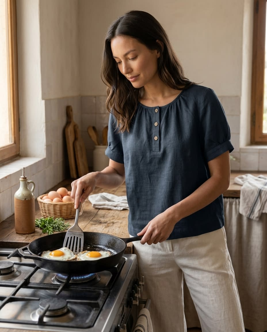 Gathered Henley Linen Blouse