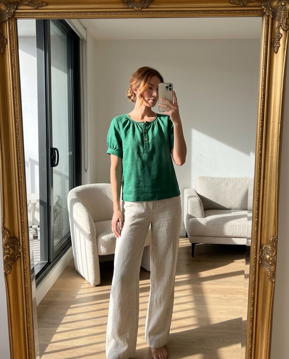 Gathered Henley Linen Blouse