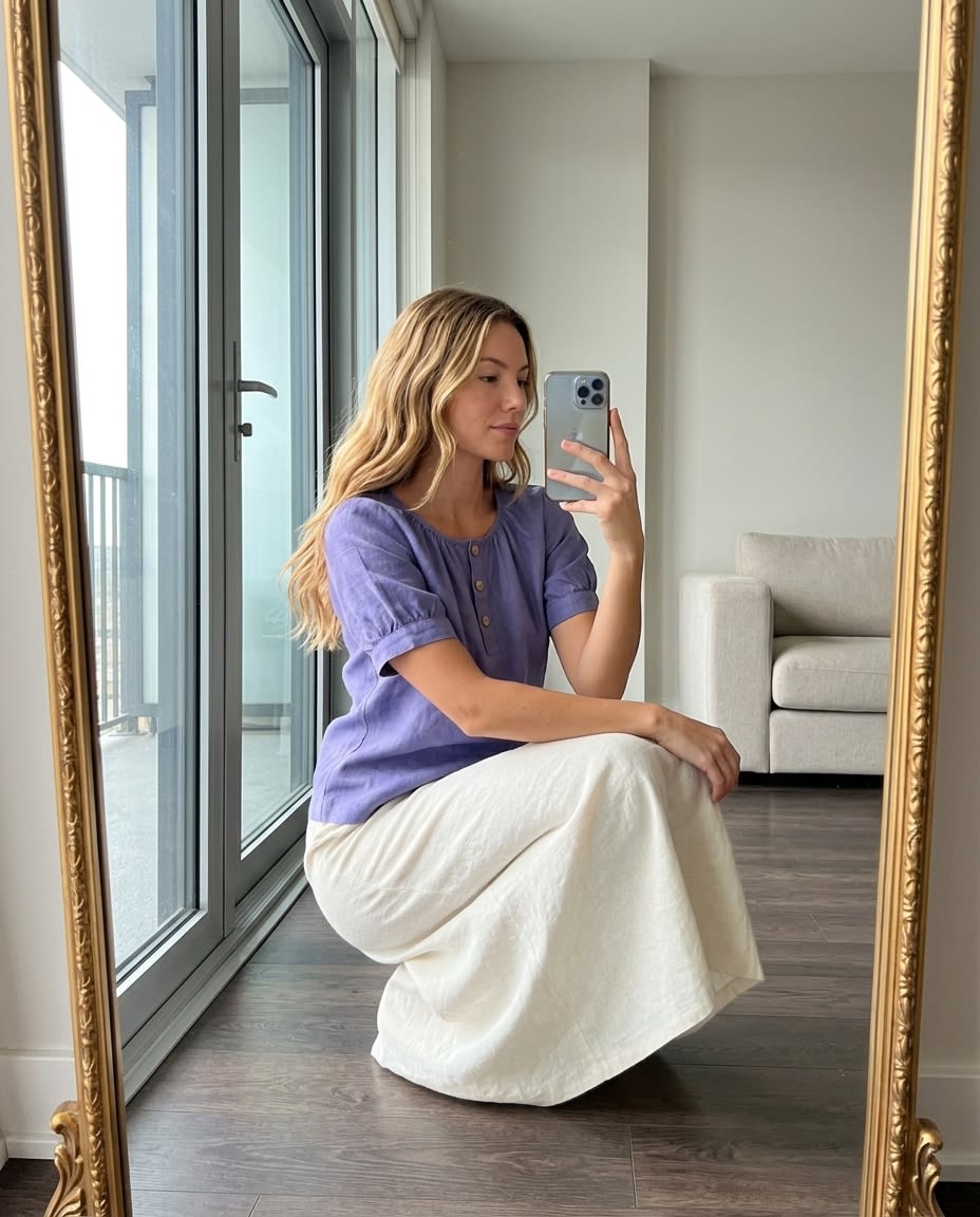 Gathered Henley Linen Blouse
