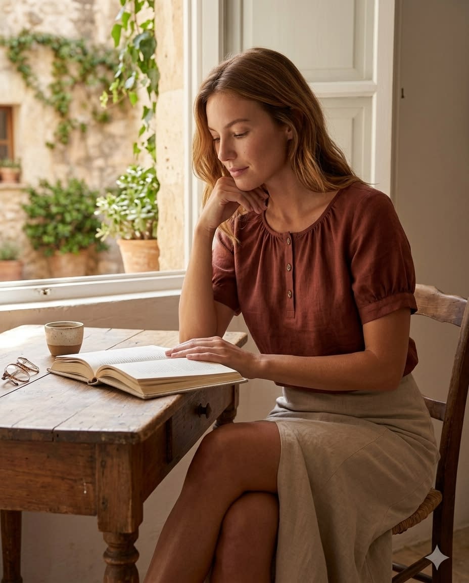 Gathered Henley Linen Blouse