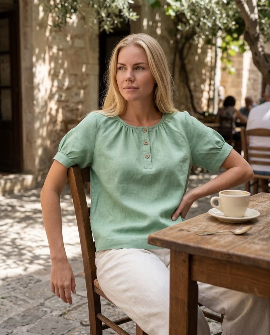 Gathered Henley Linen Blouse