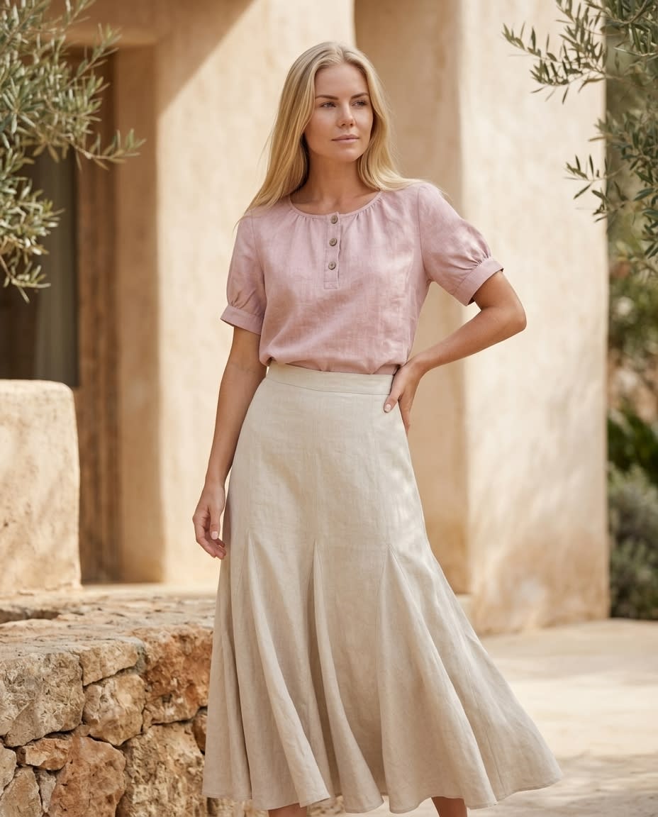 Gathered Henley Linen Blouse