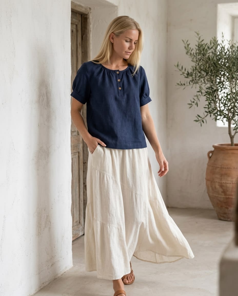 Gathered Henley Linen Blouse